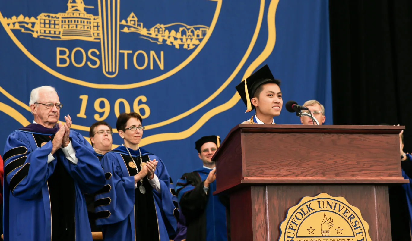 Tyler La as commencement speaker at Suffolk University, 2017