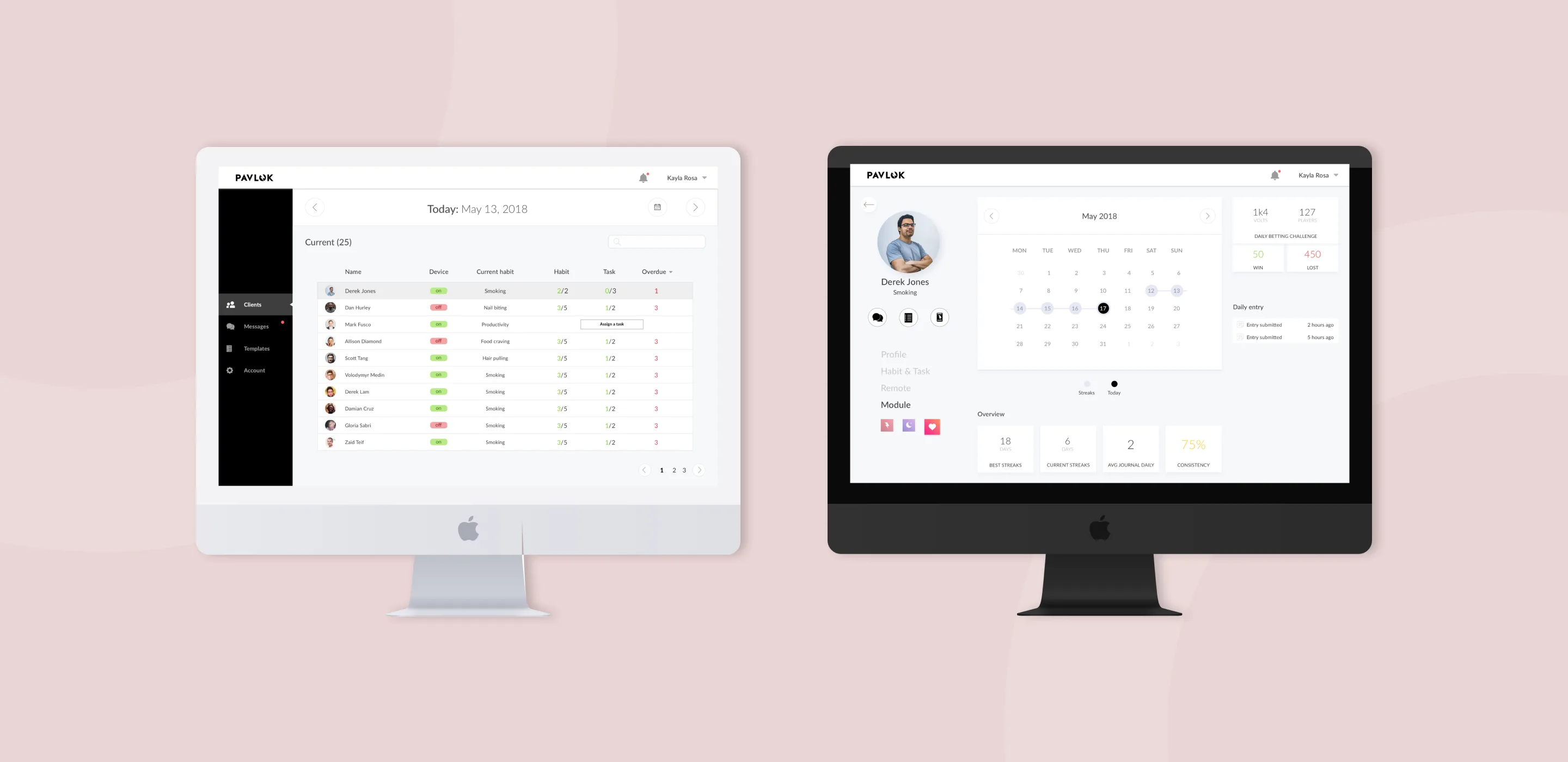 Two iMac mockups of the Pavlok Coach platform showing a client list dashboard and a detailed habit tracking view