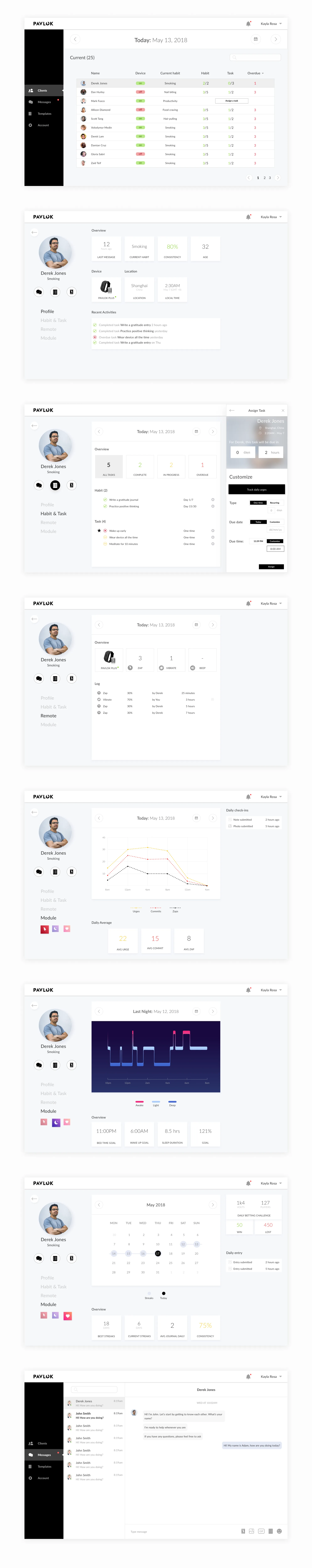 Full set of Pavlok Coach design screens covering client list, profile, habit tracking, remote monitoring, and messaging