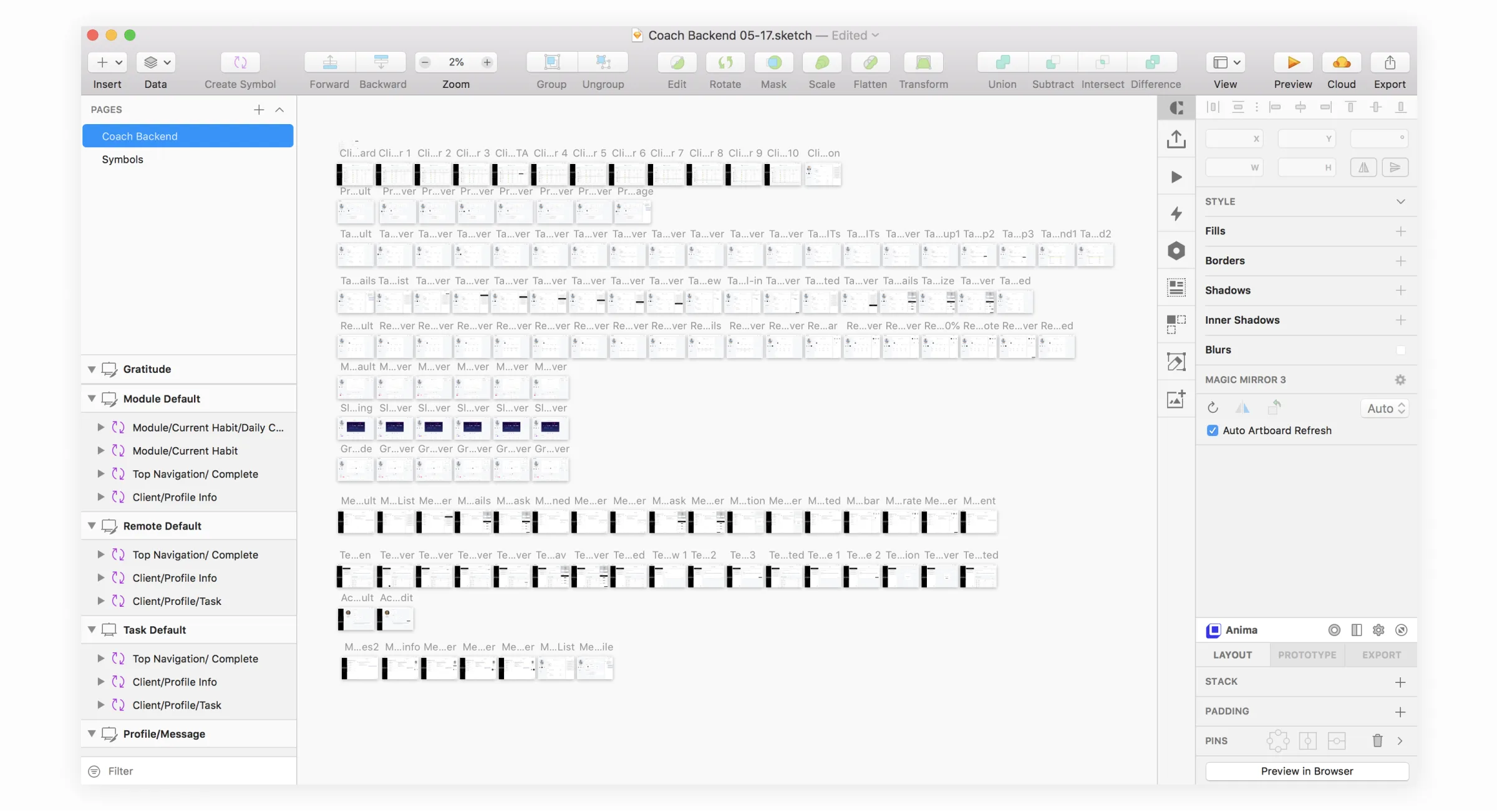 Sketch workspace showing the Pavlok Coach component library with all artboards organized for the Coach Backend