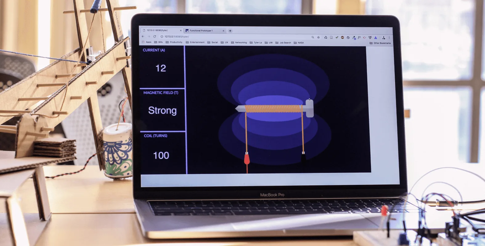 Initial ElectroCrane interface prototype built with Arduino and p5.js, exploring early design possibilities for the crane control display