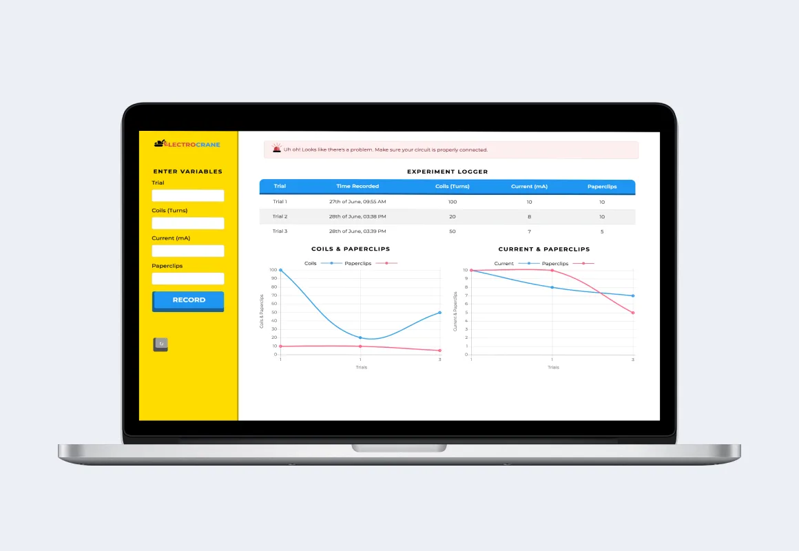ElectroCrane web interface on a laptop showing the data logging and experiment results dashboard built for student use