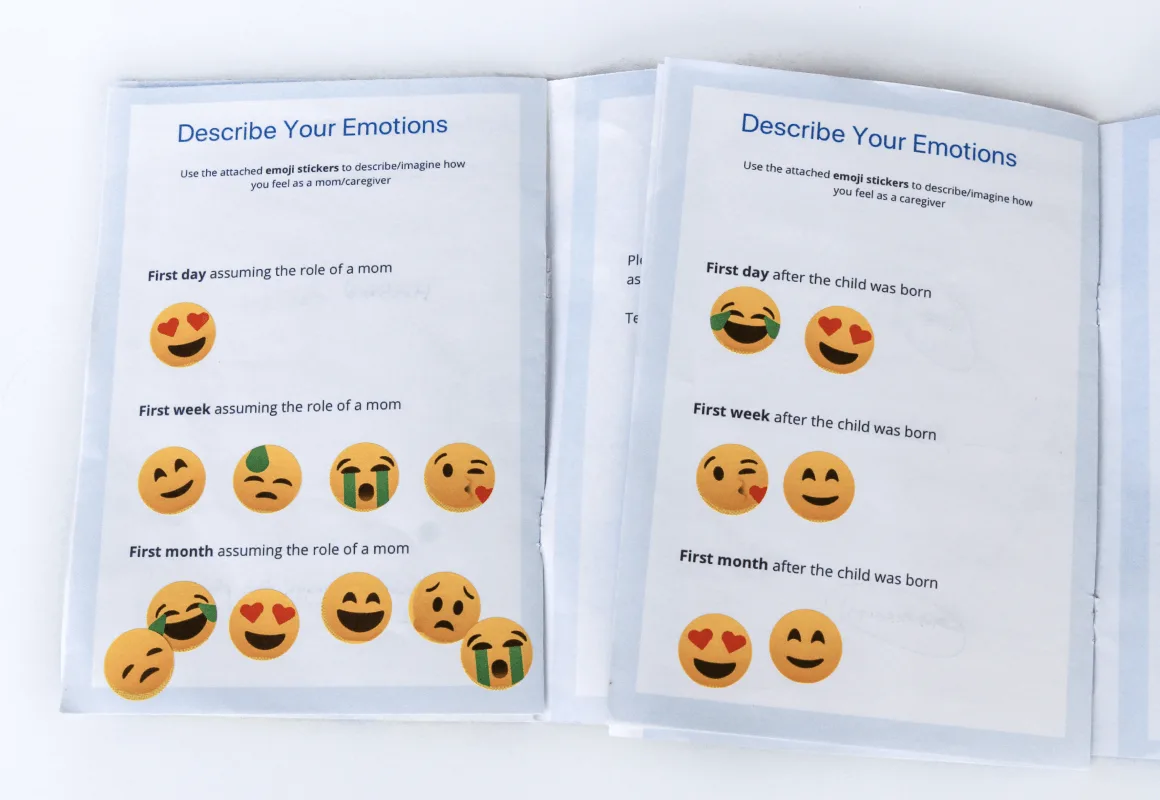 Cultural probe response showing a new parent's handwritten notes and sketches about their postpartum journey