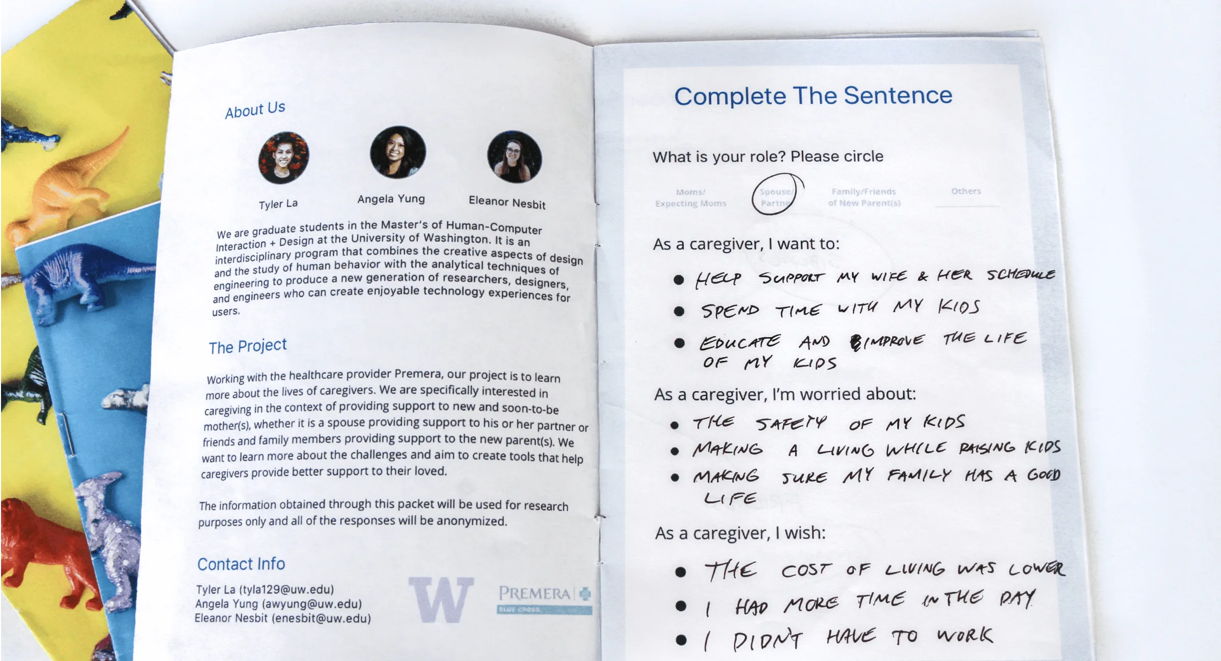Full spread of cultural probe materials including activity booklets and completed responses collected from postpartum participants