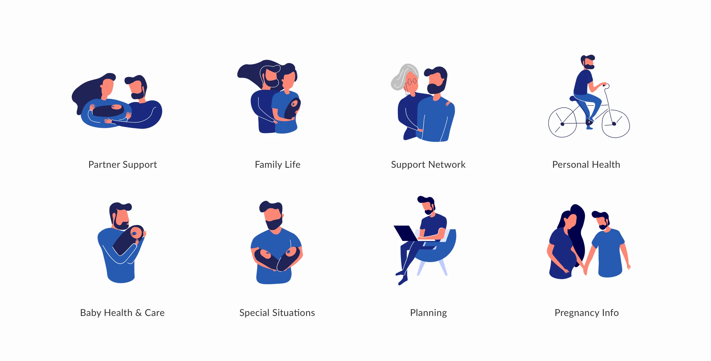 Set of eight vector illustrations created for Juneau's main app categories, covering topics like baby care, personal well-being, and relationships