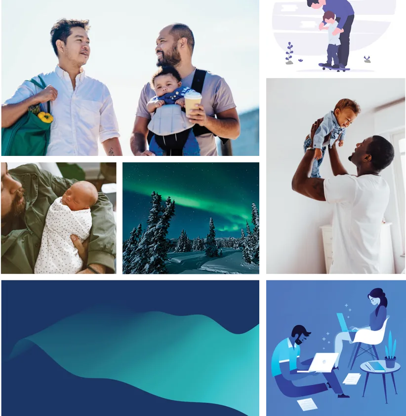 Moodboard for Juneau featuring soft gradients, northern light imagery, and a blue-green color palette conveying serenity and freshness