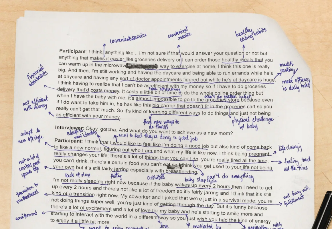 Thematic analysis document with highlighted and coded interview quotes grouped by emerging themes