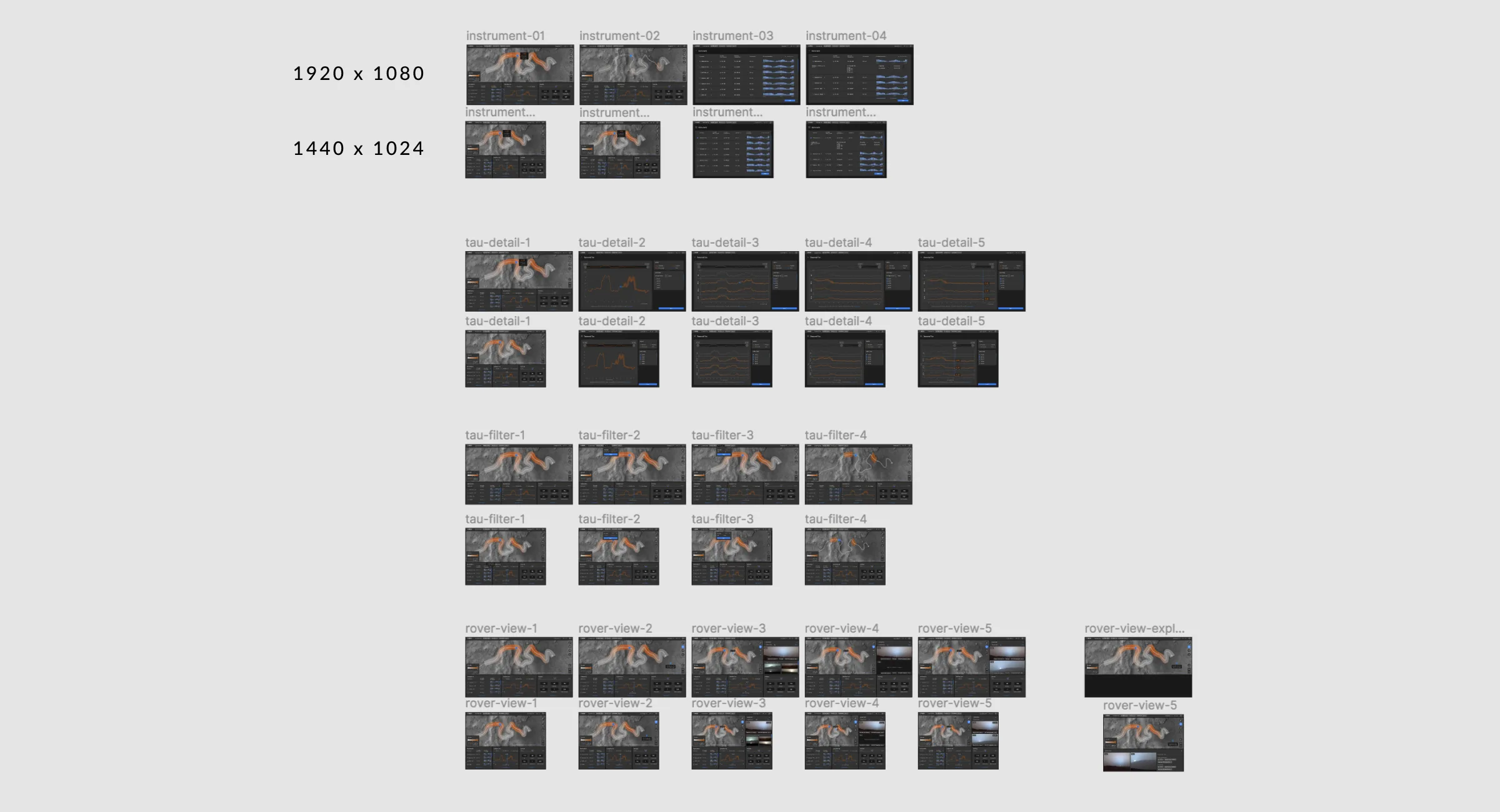 Figma artboard overview showing all L-RROI screens at 1920×1080 and 1440×1024 breakpoints, organized by view type: instrument panels, tau detail, tau filter, and rover view