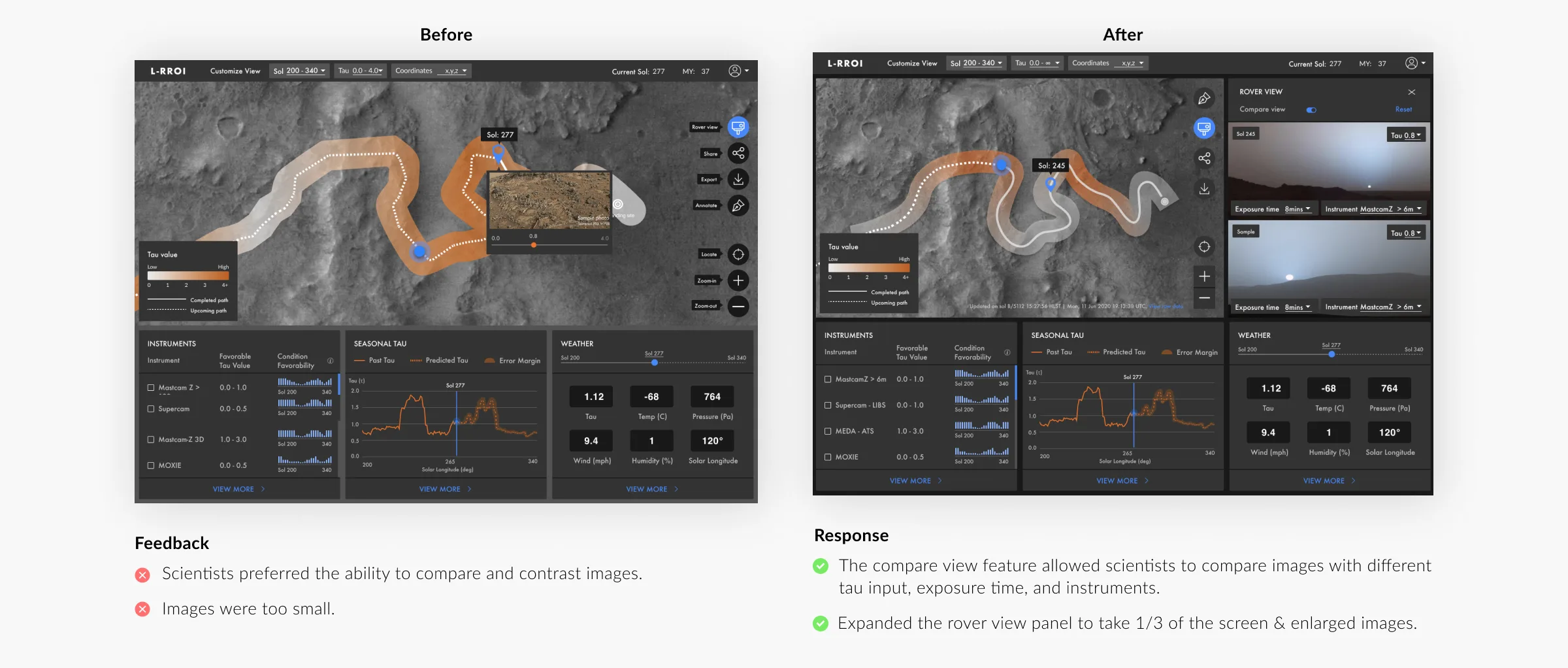 Before-and-after comparison of the Rover View panel iteration: small images were replaced by an expanded panel taking one-third of the screen with a compare-view feature for different tau inputs