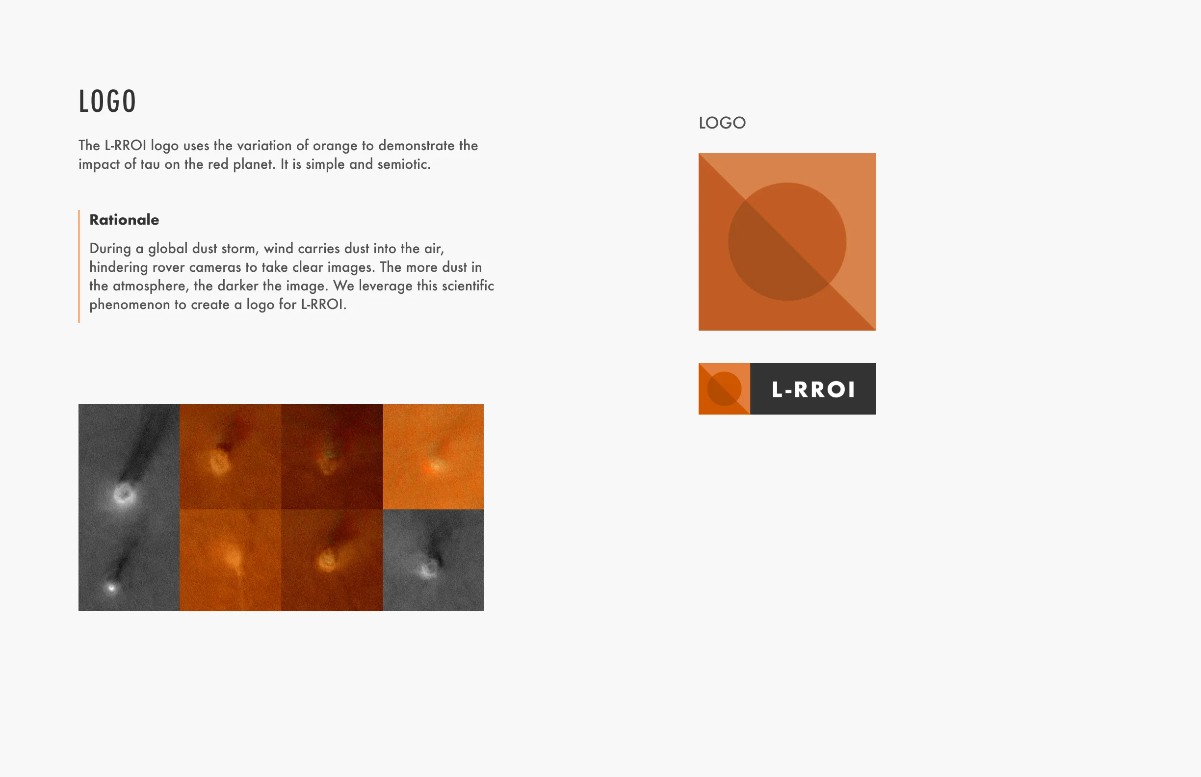 L-RROI logo specification showing the abstract orange circle-and-square mark inspired by the visual effect of tau on rover camera imagery, alongside the full L-RROI wordmark