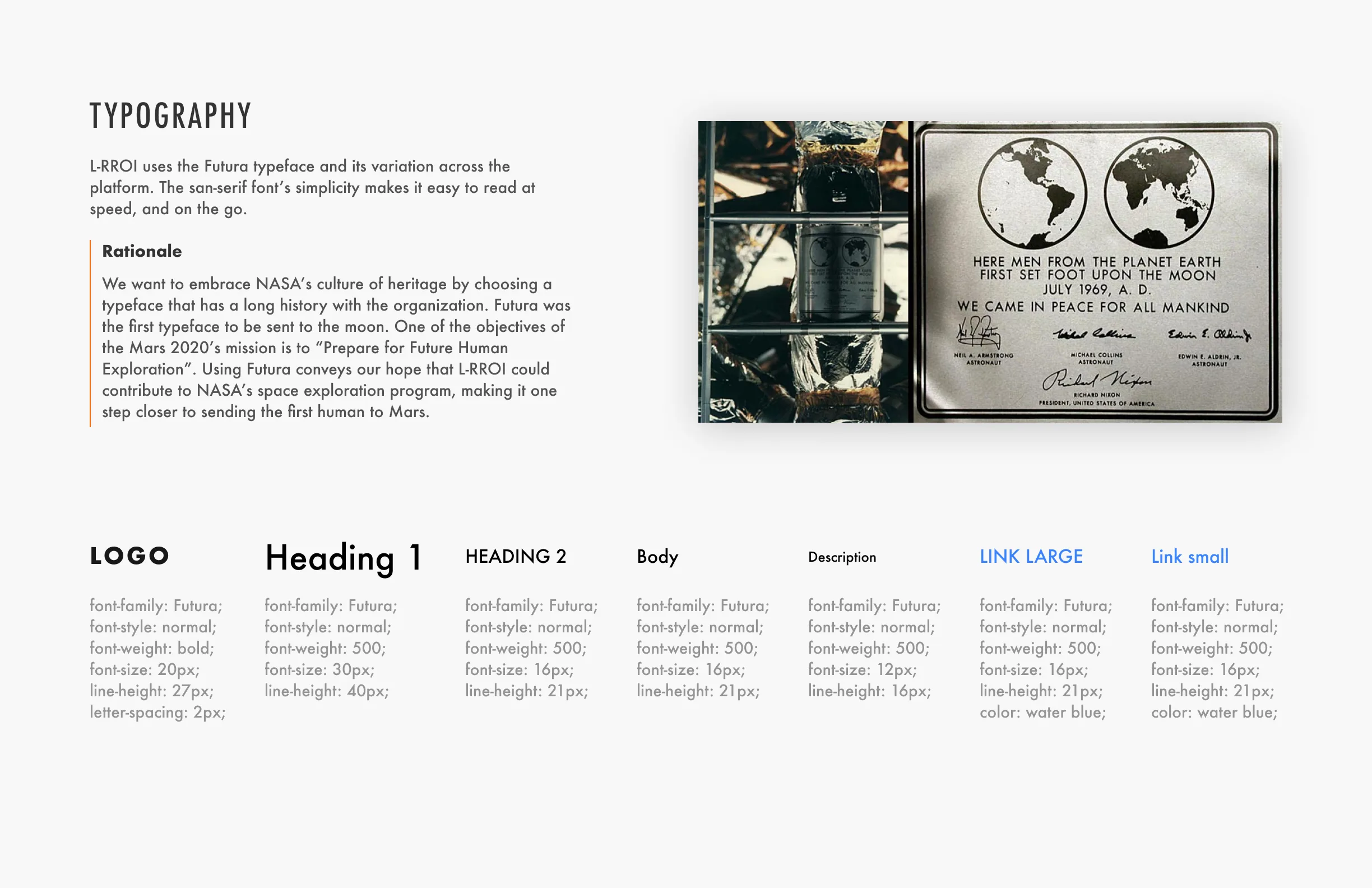 L-RROI typography specification showing Futura typeface usage across logo, headings, body, and link styles, with rationale referencing NASA's heritage connection to the font